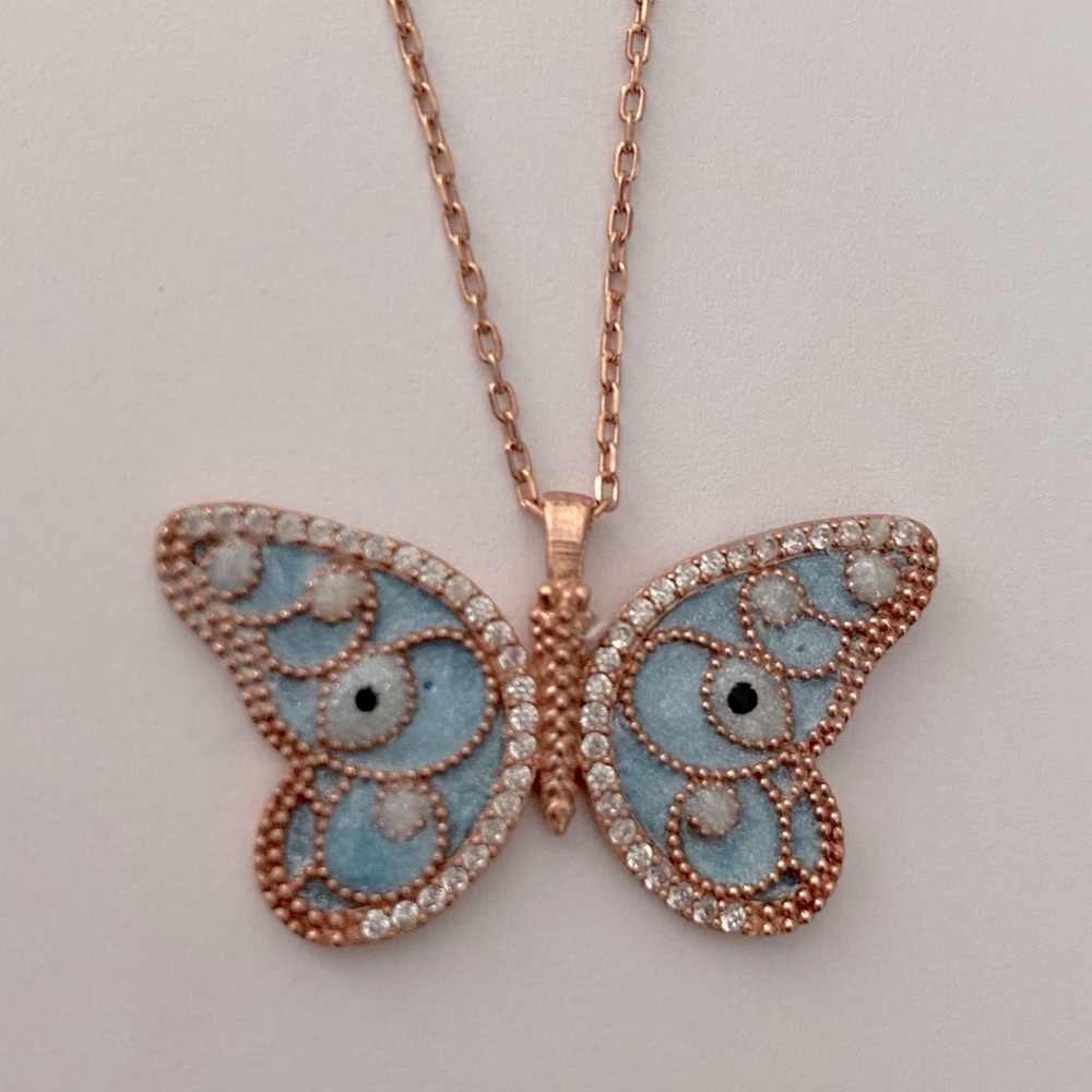 🦋 925 Silver butterfly blue enamel evil eye cz necklace 14k rose gold plated